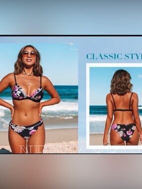 Cupshe Black Floral Bikini Set with Pink & White Flowers